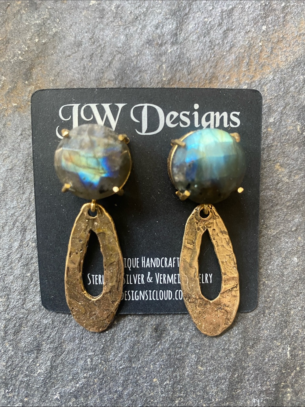 JW Designs Blue-Green Labradorite and Gold-Tone Hammered Drop Earrings